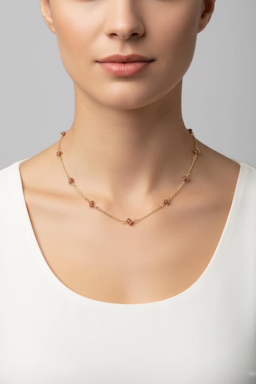 Woman wearing a delicate gold necklace with small pink gemstones and a white top