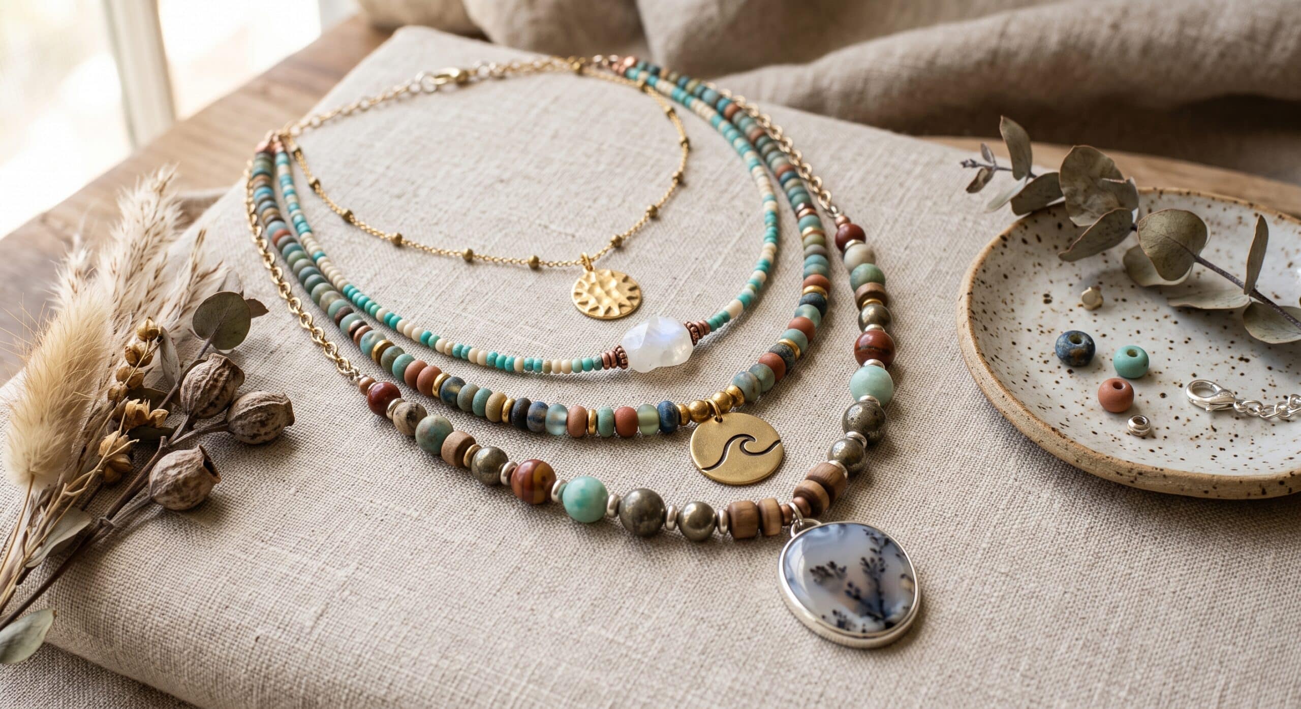 Layered handmade necklaces on neutral backgrounds
