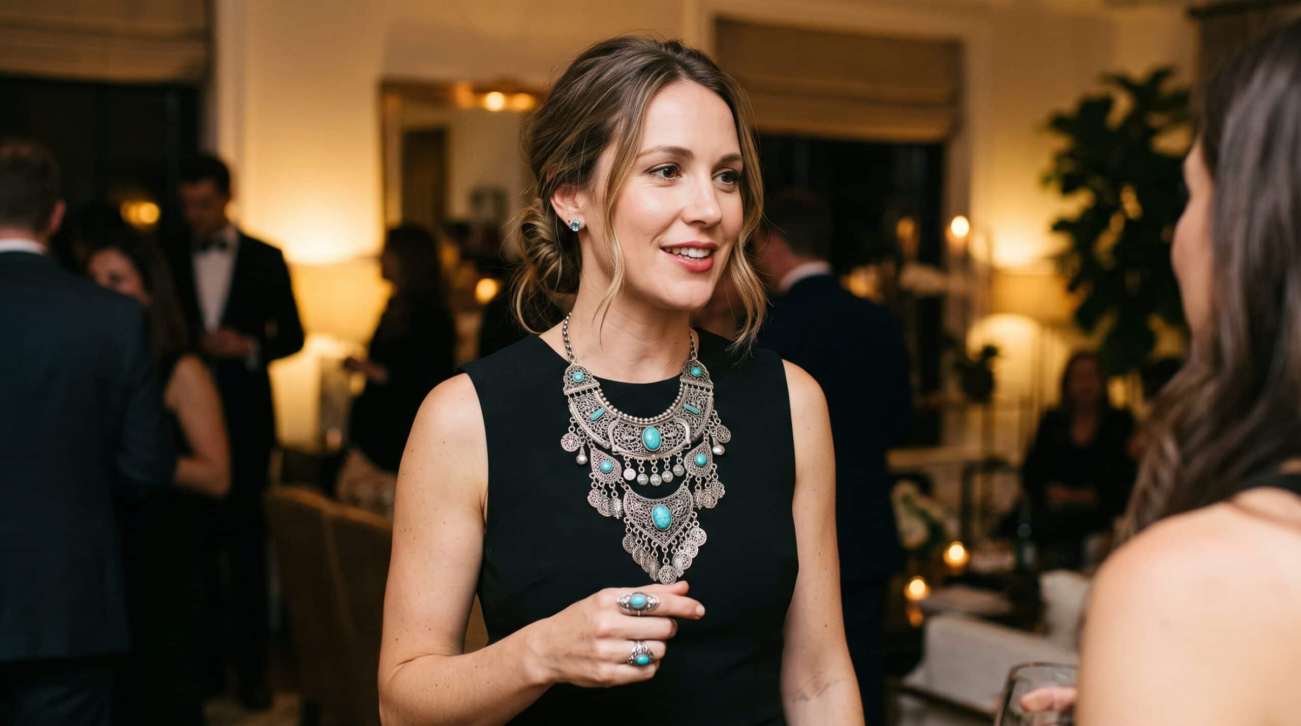 Statement necklace paired with a simple black dress
